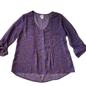 Bird Feather Print Top Women M Mossimo Sheer Chiffon 3/4 Length Balloon Sleeve